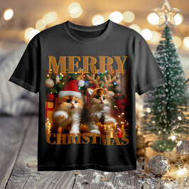 Camiseta Gatinhos bonitos com Papai Noel e chapéus de rena