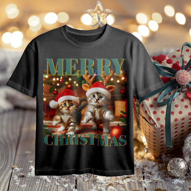 Camiseta Gatinhos bonitos com Papai Noel e chapéus de rena  (Criador carregado)