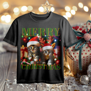 Camiseta Gatinhos bonitos com Papai Noel e chapéus de rena