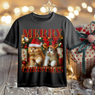 Camiseta Gatinhos bonitos com Papai Noel e chapéus de rena 