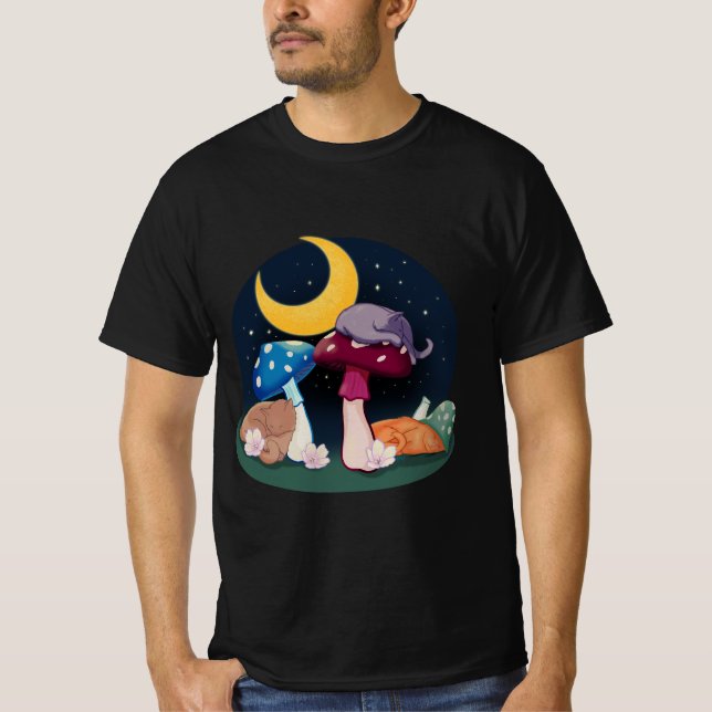 Camiseta Gatinhos de dormir no aglomerado de cogumelos (Frente)