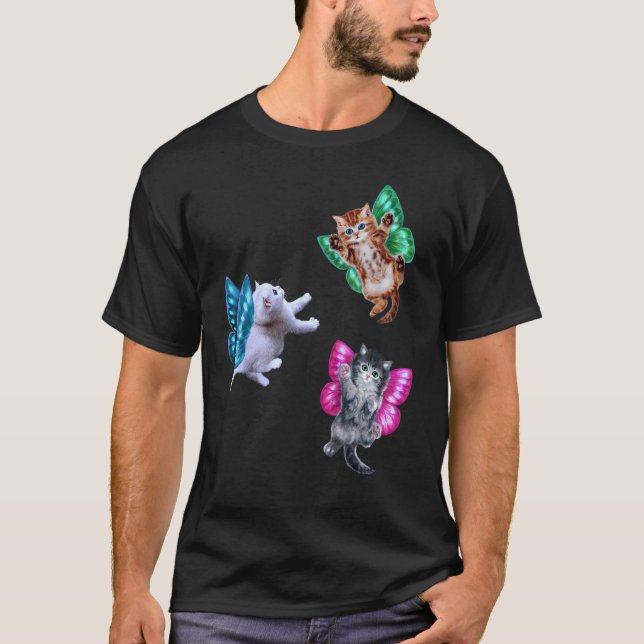 Camiseta Gatinhos de fada voadores com asas de borboleta, F (Frente)