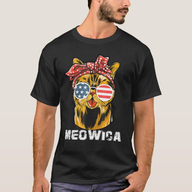 Camiseta Gato 4 De Julys Meowica Merica Bandeira Americana (Frente)