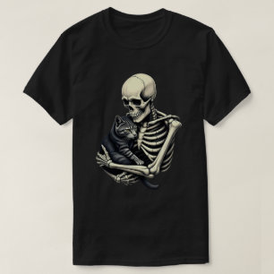 Camiseta Gato Abraçando Esqueleto Feliz Dia das Bruxas Aman