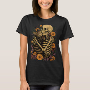 Camiseta Gato Abraçando Esqueleto Floral Dia das Bruxas Ama