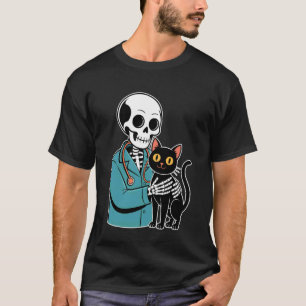 Camiseta Gato Abraçando Esqueleto Funny Vet Gato Amante Hal