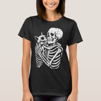 Camiseta Gato Abraçando Esqueleto Halloween Gato Engraçado 