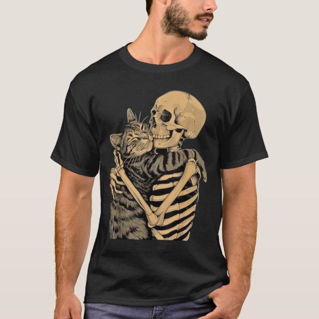 Camiseta Gato Abraçando Esqueleto – Presente Fofo para Aman (Frente)