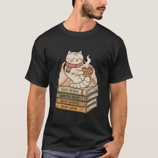Camiseta Gato Aconchegante Lendo Livros Café