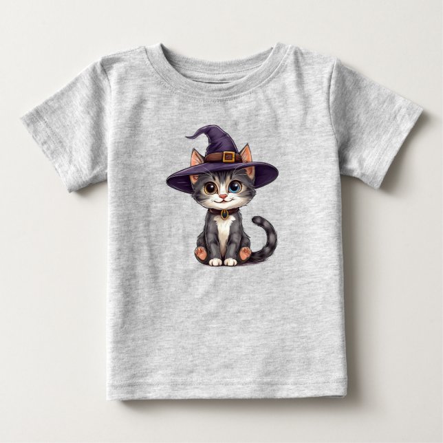 Camiseta Gato Adorável com Chapéu de Bruxa (Frente)