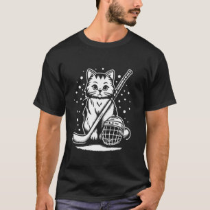 Camiseta Gato Adorável de Hóquei no Gelo com Taco e Capacet