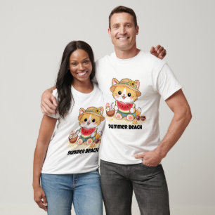 Camiseta Gato Adorável de Verão na Praia