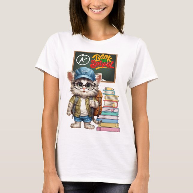 Camiseta Gato Adorável De Volta Ao Design Da Escola (Frente)