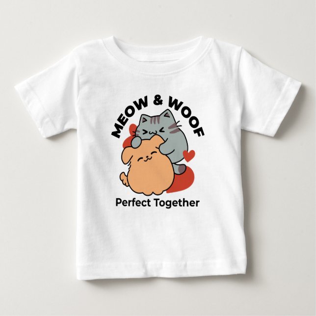 Camiseta Gato Adorável e Cachorro Abraço - Meow & Woof Desi (Frente)