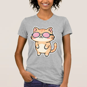 Camiseta Gato Adorável Kawaii com Óculos de Sol Arte Digita