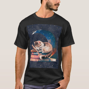 Camiseta Gato Adorável na Lua Lendo Um Livro
