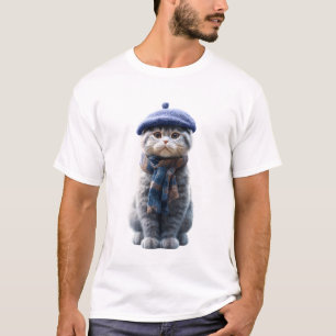 Camiseta Gato Adorável Scottish Fold de Boina Azul e Tricô