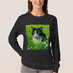 Camiseta Gato Adorável sentado num campo das Disies