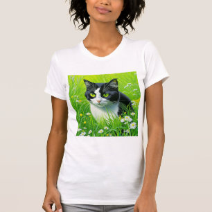 Camiseta Gato Adorável sentado num campo das Disies