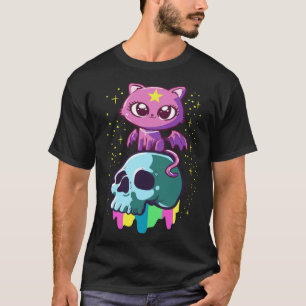 Camiseta Gato Alado e Caveira Pastel Goth Fofo Bruxo
