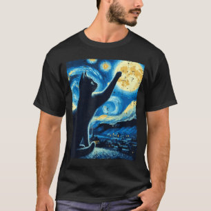Camiseta Gato Alcançando Lua Noite Estrelada Gatinho Engraç