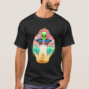 Camiseta Gato Alien Cute Abdução Nave Espacial Voadora OVNI
