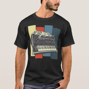 Camiseta Gato Analógico de Vintagem do Teclado do Synthesiz
