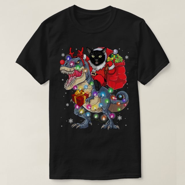 Camiseta Gato Andando Um Dinossauro T Rex No Natal Gifes Pe (Frente do Design)