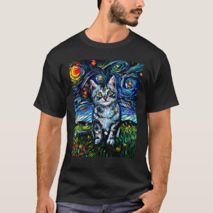 Camiseta Gato Angorá Cinza Impressionista Noite Estrelada A