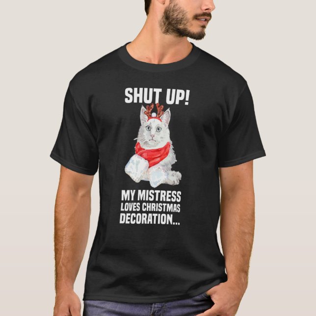 Camiseta Gato Angora Fofo com Fantasia de Rena Cale a Boca  (Frente)