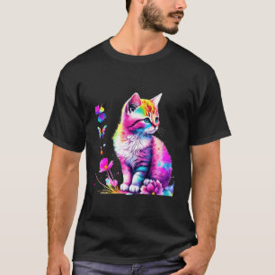 Camiseta Gato Arco-íris Aquarela Realista Gato Fofo Pintura