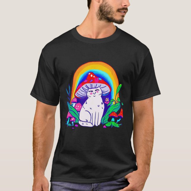 Camiseta Gato Arco-Íris Com Chapéu de Cogumelo (Frente)