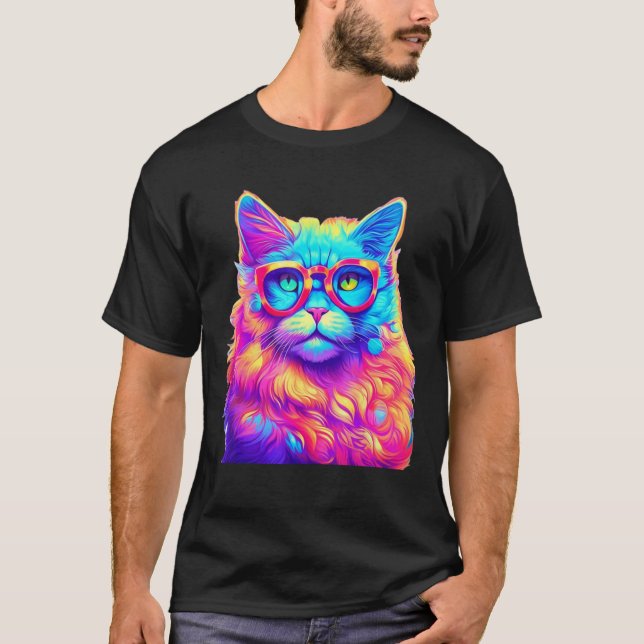 Camiseta Gato Arco-Íris Neon Usando Óculos Abstrato Brilhan (Frente)