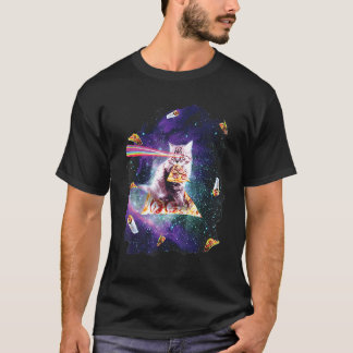 Camiseta Gato Arco-íris Olhos Laser Montando Pizza Astronau