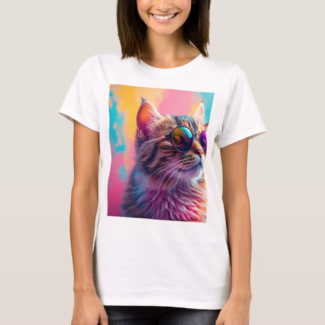 Camiseta "Gato Arco-Íris Psicodélico com óculos- Legal Di (Frente)