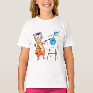 Camiseta Gato Artista Caprichoso Pintando um Pássaro