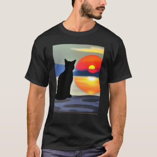 Camiseta Gato Assistindo Cena do Pôr do Sol Gato Preto Pôr 