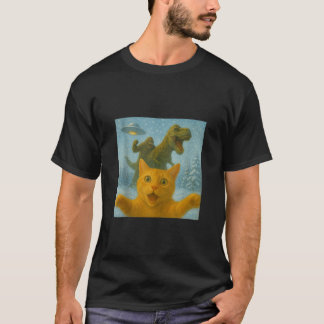 Camiseta Gato Assustado e Surpreso Selfie T Rex Dinossauro 