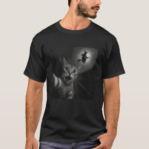 Camiseta Gato assustado surpreso selfie bruxa Funny Hallowe