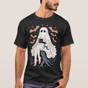 Camiseta Gato Assustador Fantasma Floral Abóbora Gato Preto