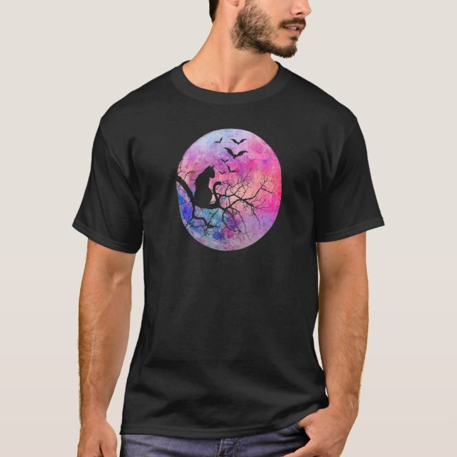 Camiseta Gato Assustador Miando Lua Cheia Assustadora de Ha (Frente)