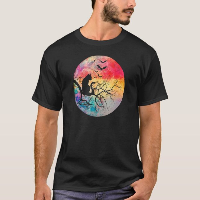Camiseta Gato Assustador Miando Lua Cheia Assustadora de Ha (Frente)