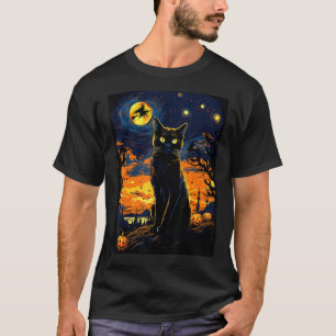 Camiseta Gato Assustador Noturno Van Gogh- Gato Preto Abóbo