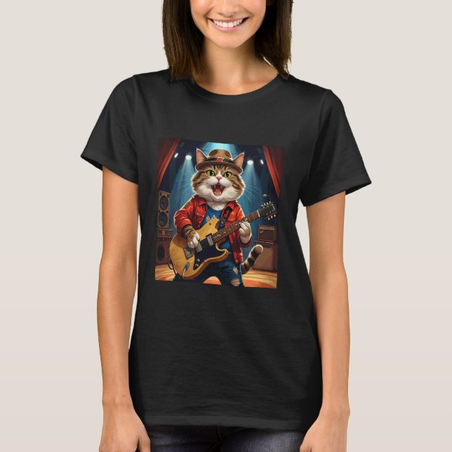 Camiseta Gato Astro de Rock Tocando Violão Rock and Roll Ho (Frente)