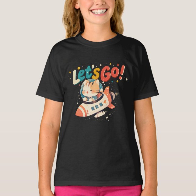 Camiseta Gato astronauta bonito cavalgando foguete no espaç (Frente)