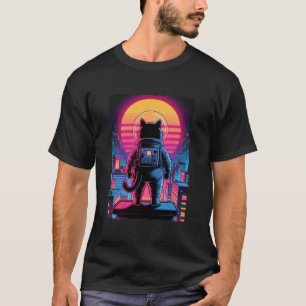 Camiseta Gato Astronauta Cidade Pôr do Sol Retrô Skyline Sy