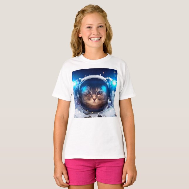 Camiseta Gato astronauta flutua acima da Terra (Frente Completa)