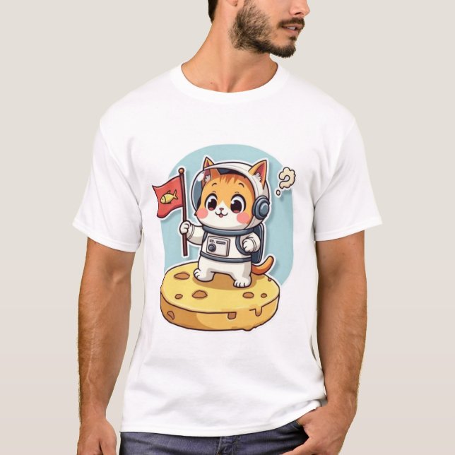 Camiseta Gato Astronauta Fofo Aterrisagem na Lua Kawaii Esp (Frente)