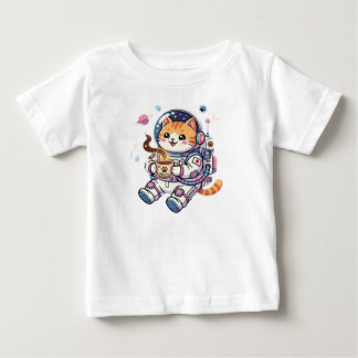 Camiseta Gato Astronauta Fofo Bebendo Café no Espaço Kawaii