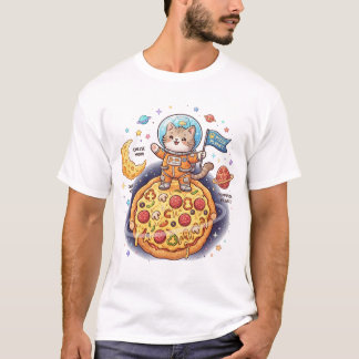 Camiseta Gato astronauta fofo em pé em um planeta de pizza